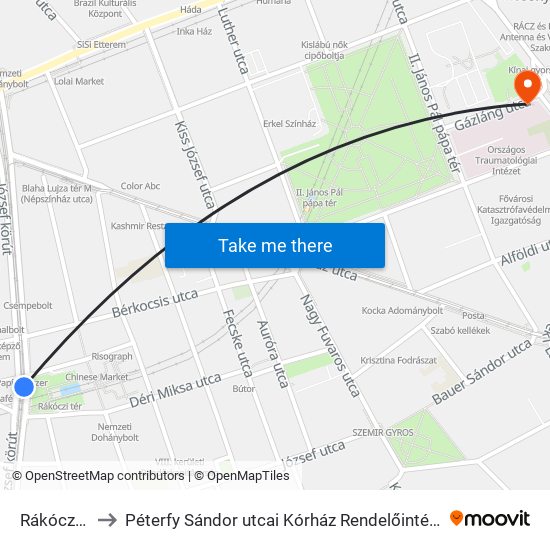 Rákóczi Tér M to Péterfy Sándor utcai Kórház Rendelőintézet és Baleseti Központ map