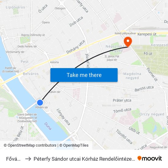 Fővám Tér to Péterfy Sándor utcai Kórház Rendelőintézet és Baleseti Központ map