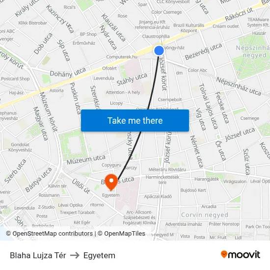 Blaha Lujza Tér to Egyetem map