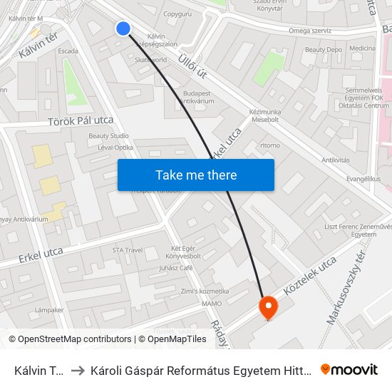 Kálvin Tér M to Károli Gáspár Református Egyetem Hittudományi Kar map