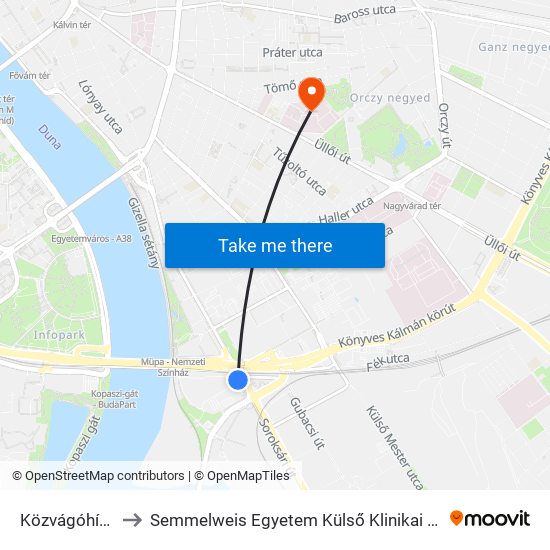 Közvágóhíd H to Semmelweis Egyetem Külső Klinikai Tömb map