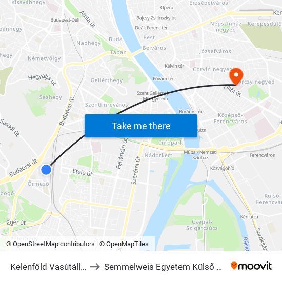 Kelenföld Vasútállomás M to Semmelweis Egyetem Külső Klinikai Tömb map