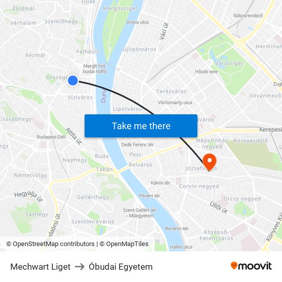 Mechwart Liget to Óbudai Egyetem map