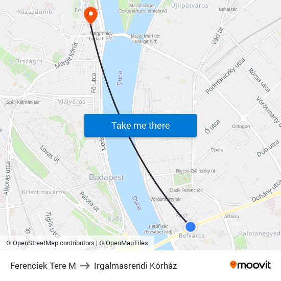 Ferenciek Tere M to Irgalmasrendi Kórház map