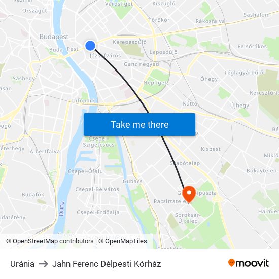 Uránia to Jahn Ferenc Délpesti Kórház map