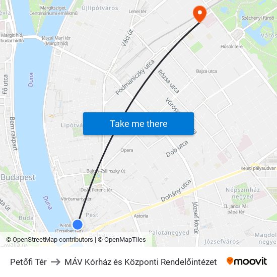 Petőfi Tér to MÁV Kórház és Központi Rendelőintézet map