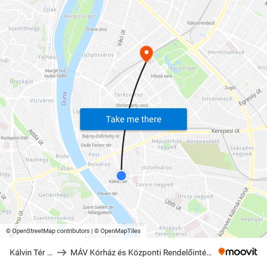 Kálvin Tér M to MÁV Kórház és Központi Rendelőintézet map