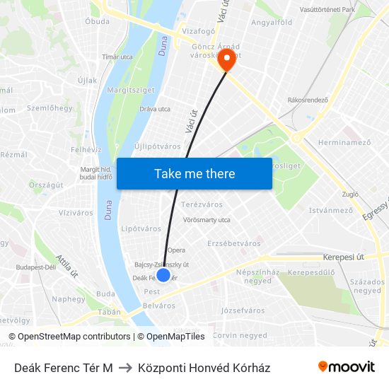 Deák Ferenc Tér M to Központi Honvéd Kórház map