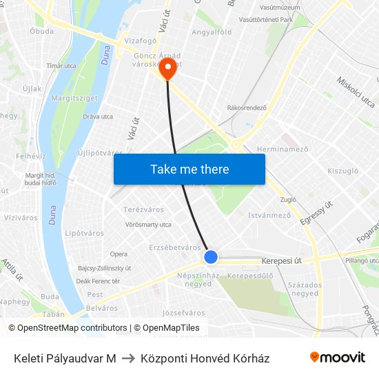 Keleti Pályaudvar M to Központi Honvéd Kórház map