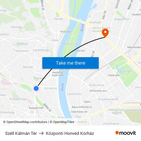 Széll Kálmán Tér to Központi Honvéd Kórház map