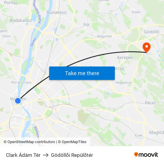 Clark Ádám Tér to Gödöllői Repülőtér map