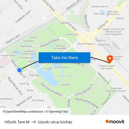 Hősök Tere M to Uzsoki utcai kórház map