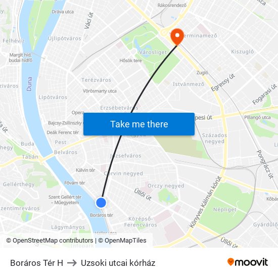 Boráros Tér H to Uzsoki utcai kórház map