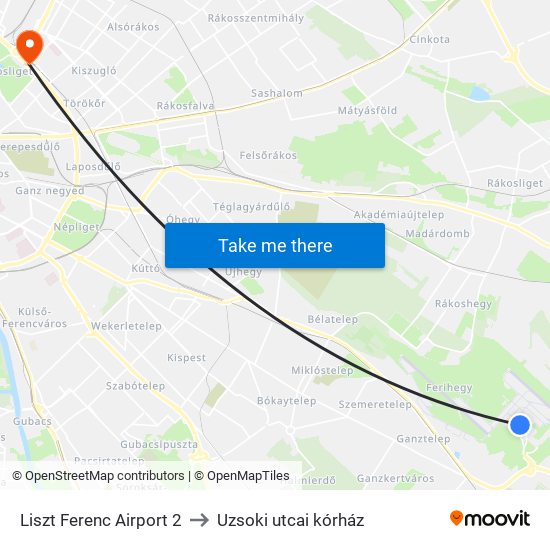 Liszt Ferenc Airport 2 to Uzsoki utcai kórház map