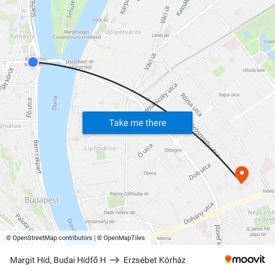 Margit Híd, Budai Hídfő H to Erzsébet Kórház map