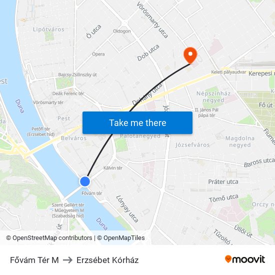 Fővám Tér M to Erzsébet Kórház map