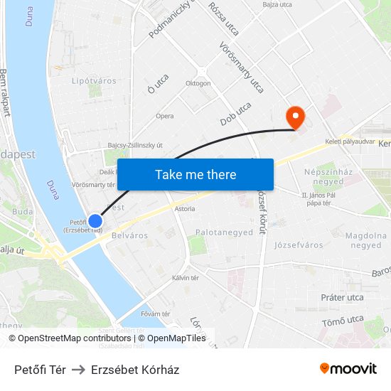 Petőfi Tér to Erzsébet Kórház map