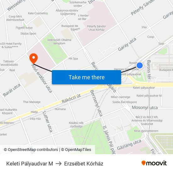 Keleti Pályaudvar M to Erzsébet Kórház map