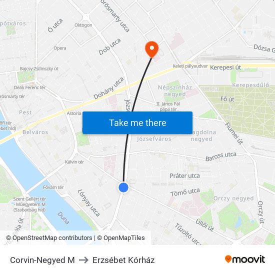 Corvin-Negyed M to Erzsébet Kórház map