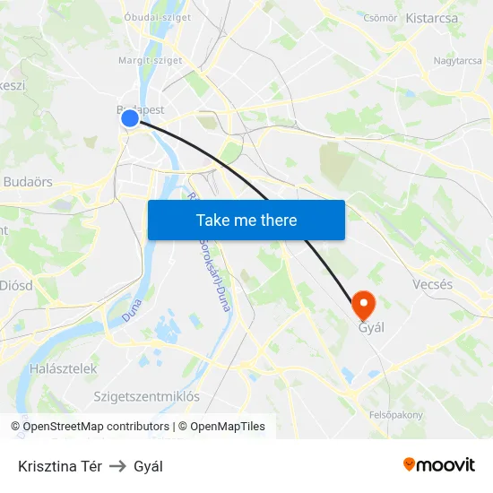 Krisztina Tér to Gyál map