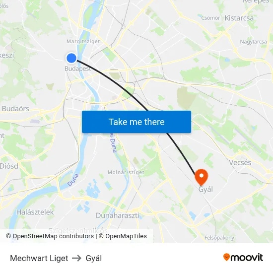 Mechwart Liget to Gyál map