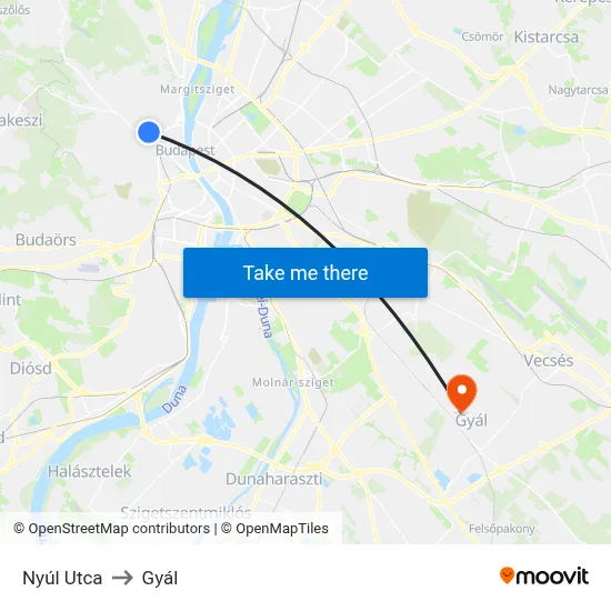 Nyúl Utca to Gyál map