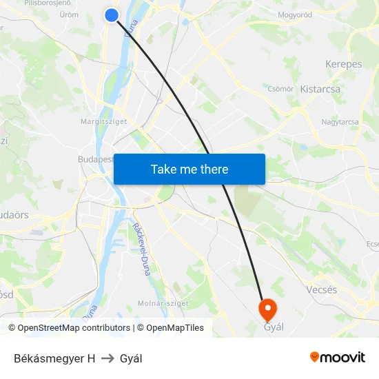 Békásmegyer H to Gyál map