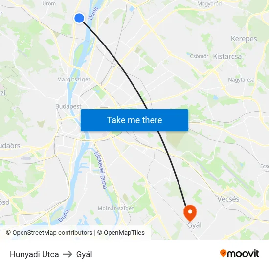 Hunyadi Utca to Gyál map