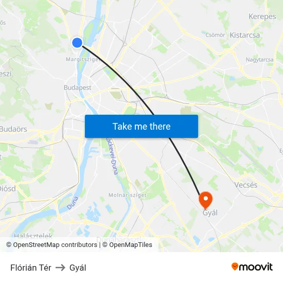 Flórián Tér to Gyál map
