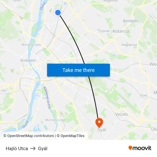 Hajló Utca to Gyál map
