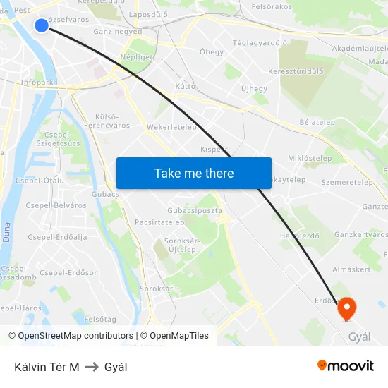 Kálvin Tér M to Gyál map