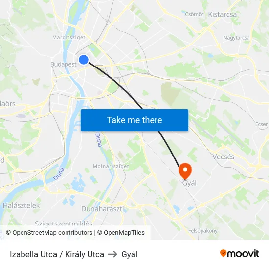 Izabella Utca / Király Utca to Gyál map