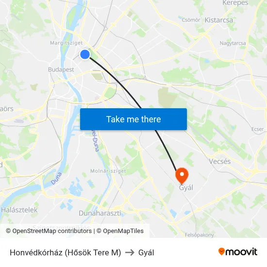 Honvédkórház (Hősök Tere M) to Gyál map
