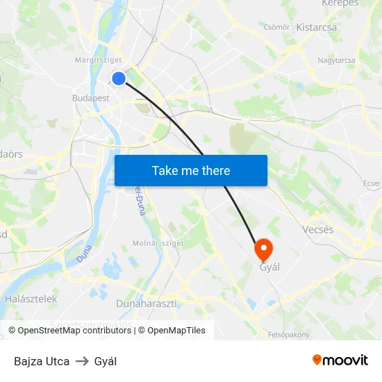 Bajza Utca to Gyál map