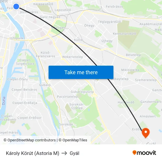 Károly Körút (Astoria M) to Gyál map