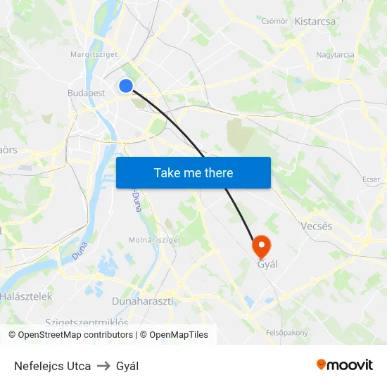Nefelejcs Utca to Gyál map