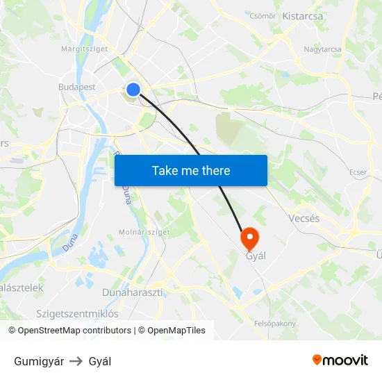 Gumigyár to Gyál map