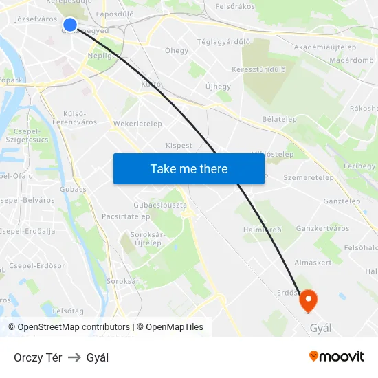 Orczy Tér to Gyál map