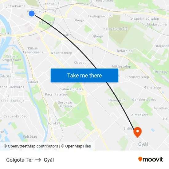 Golgota Tér to Gyál map