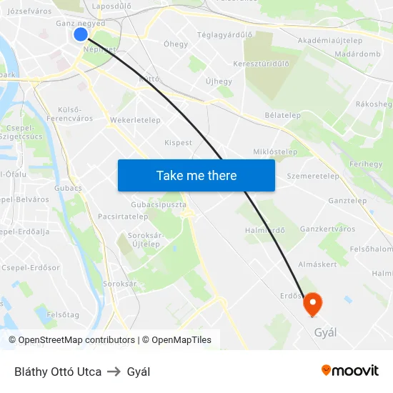 Bláthy Ottó Utca to Gyál map