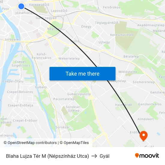 Blaha Lujza Tér M (Népszínház Utca) to Gyál map