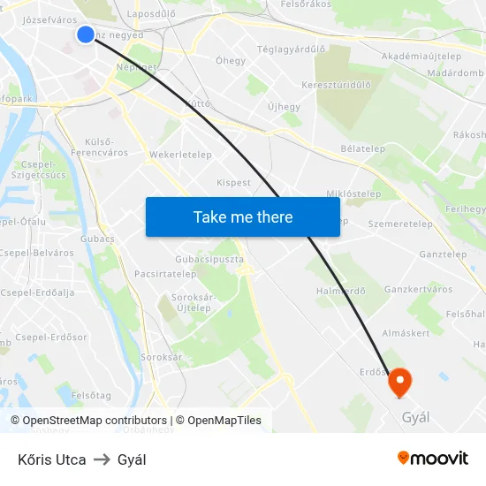 Kőris Utca to Gyál map