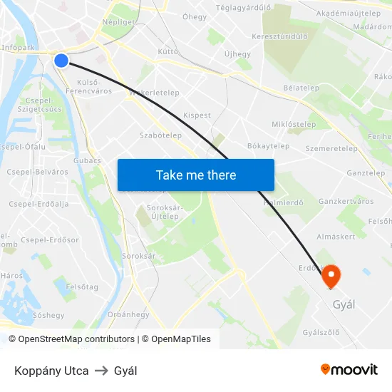 Koppány Utca to Gyál map