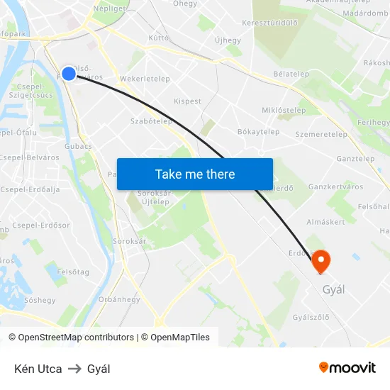 Kén Utca to Gyál map