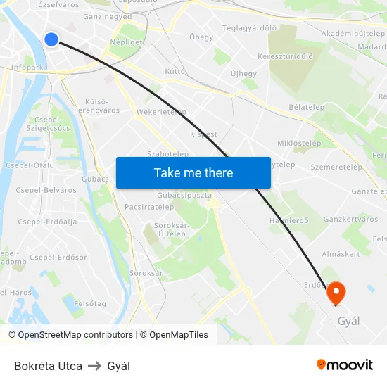 Bokréta Utca to Gyál map