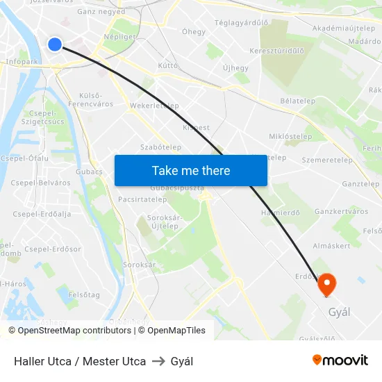 Haller Utca / Mester Utca to Gyál map