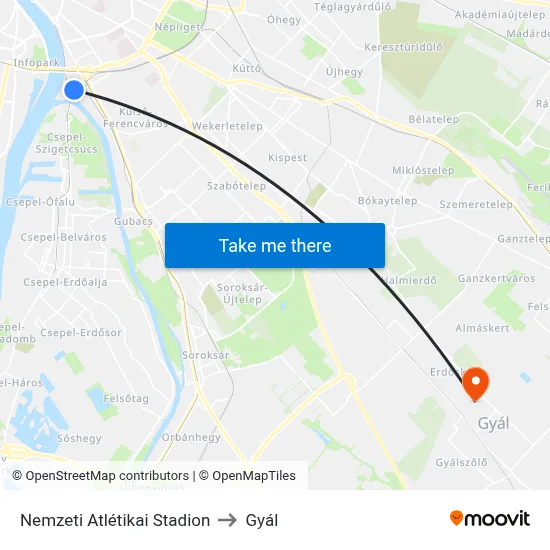 Nemzeti Atlétikai Stadion to Gyál map