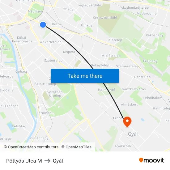 Pöttyös Utca M to Gyál map