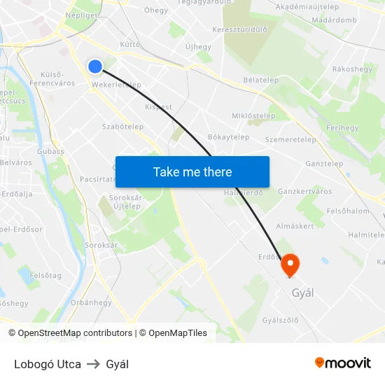 Lobogó Utca to Gyál map