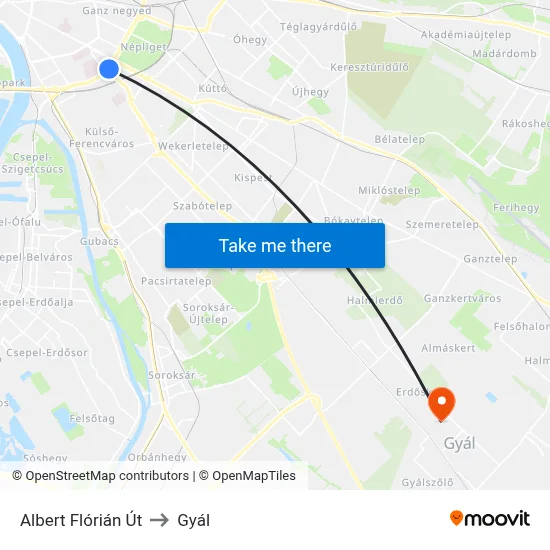 Albert Flórián Út to Gyál map
